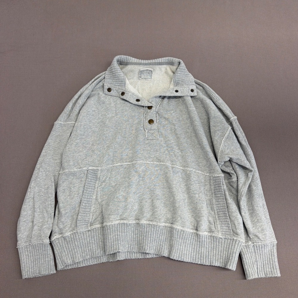 Aerie Grey Snap Button Henley Sweatshirt Oversized Ribbed Pullover Large